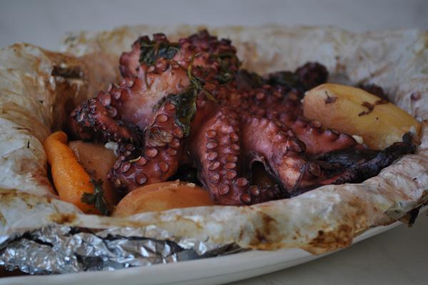 Octopus baked in parchment paper